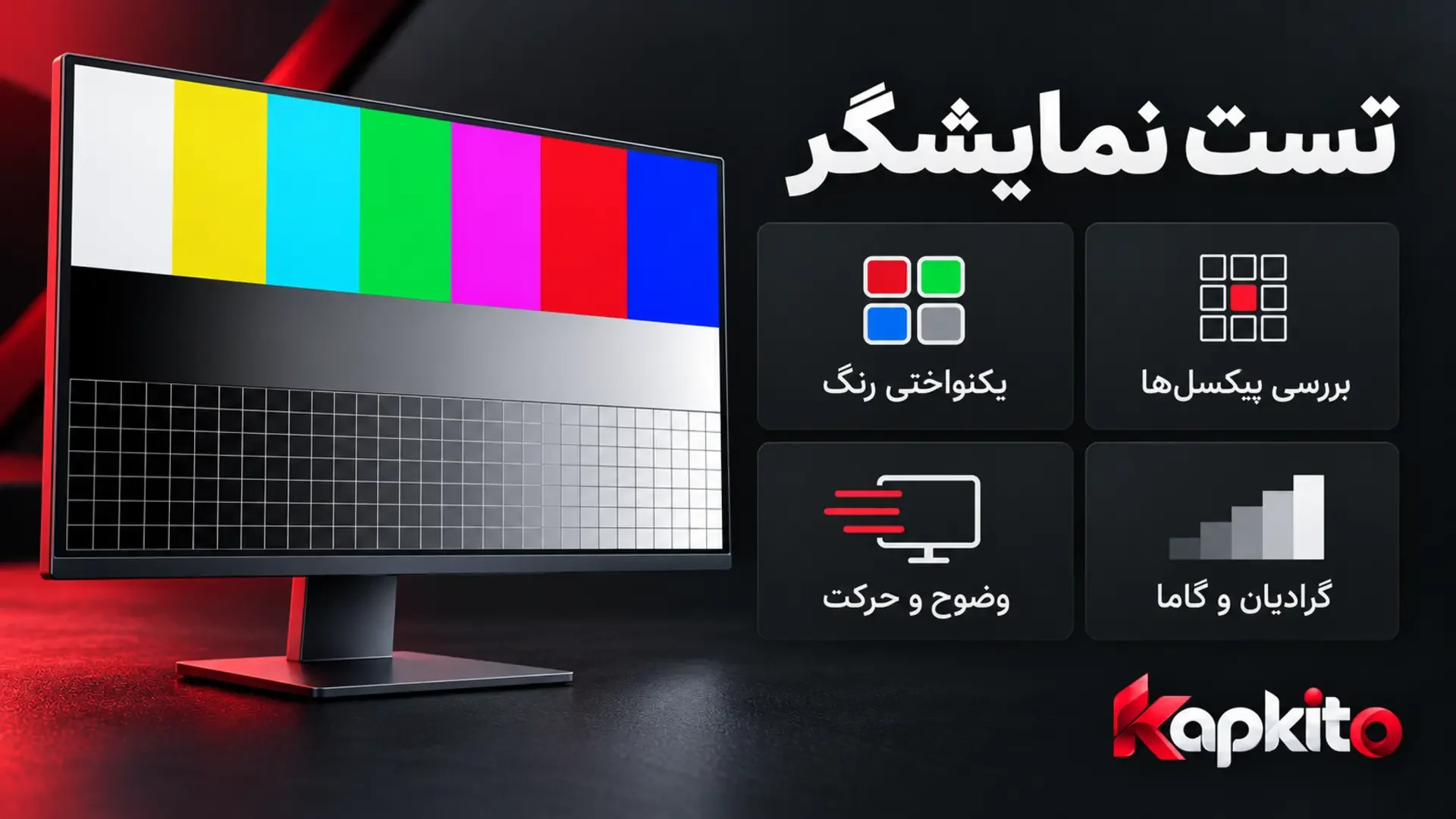 مانیتور با الگوهای رنگ و گرادیان کنار معرفی قابلیتهای تست نمایشگر کپکیتو.