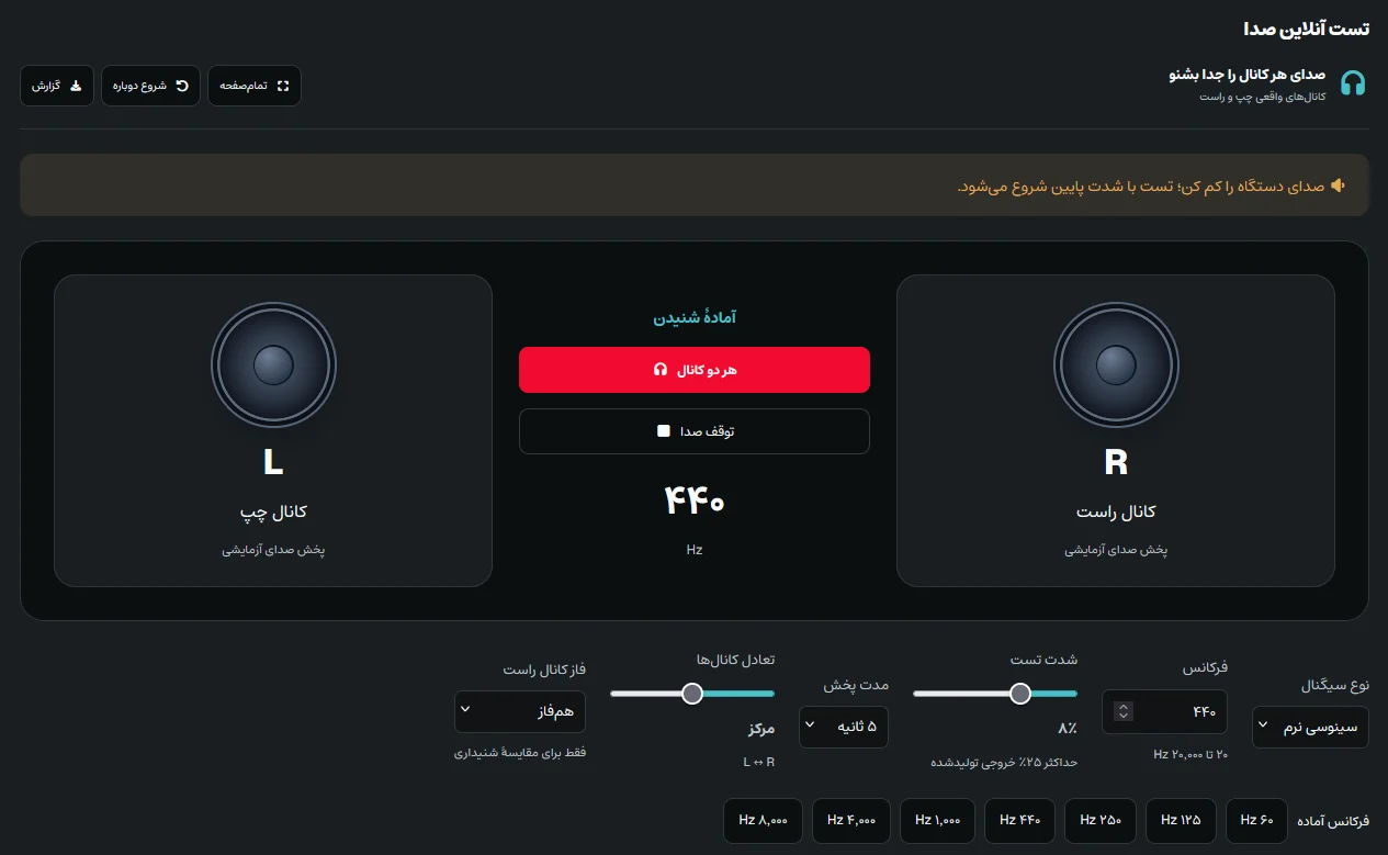 دکمههای تست کانال چپ و راست هدفون در ابزار صدای کپکیتو