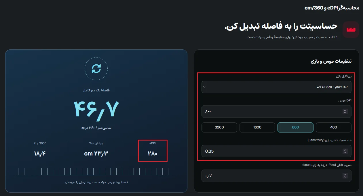 محاسبه eDPI ولورانت با DPI برابر 800 و حساسیت 0.35 در ابزار کپکیتو