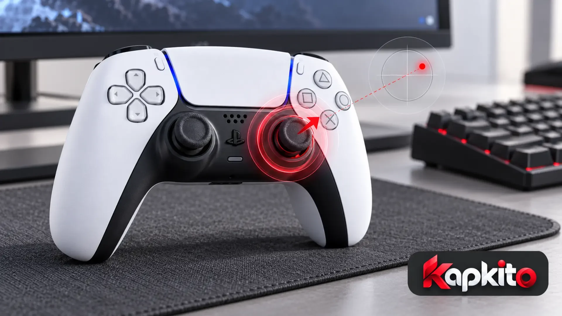 دسته PS5 روی پد میز کامپیوتر، با فلش قرمز روی آنالوگ راست برای نمایش مفهوم دریفت.