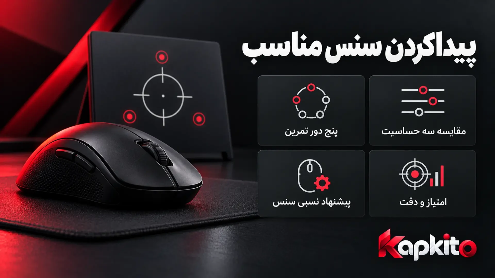 ماوس و هدفهای تمرینی کنار معرفی ابزار پیداکردن سنس مناسب کپکیتو؛ مقایسه حساسیتها، پنج دور تمرین و بررسی امتیاز و دقت.