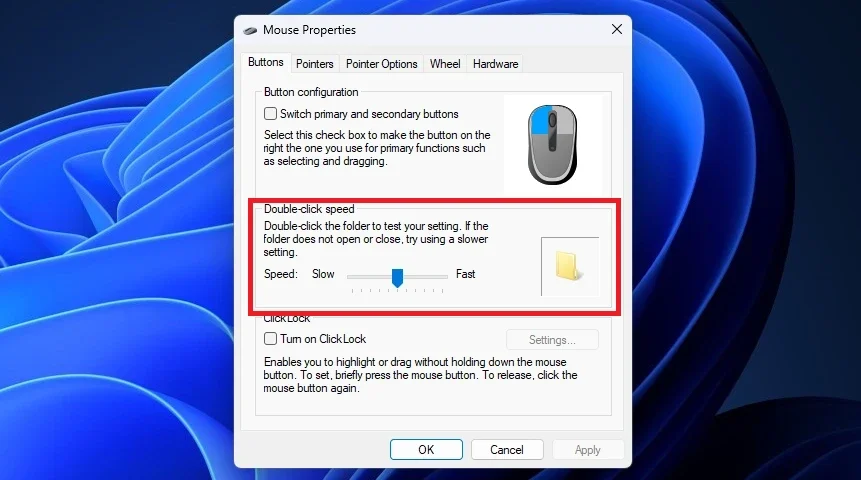 نوار Double-click speed در تب Buttons پنجره Mouse Properties ویندوز