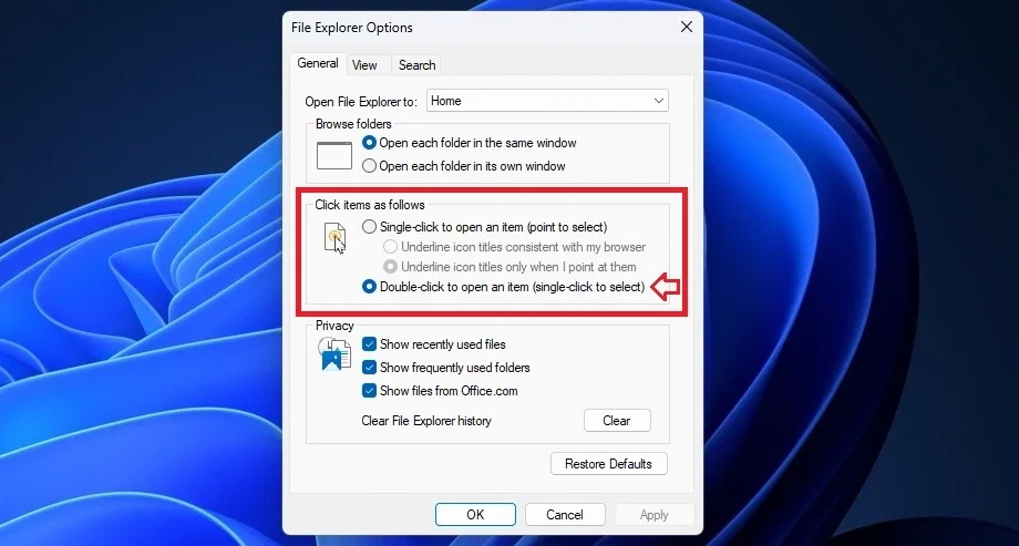 گزینه باز شدن فایلها و پوشهها با دابل کلیک در پنجره File Explorer Options