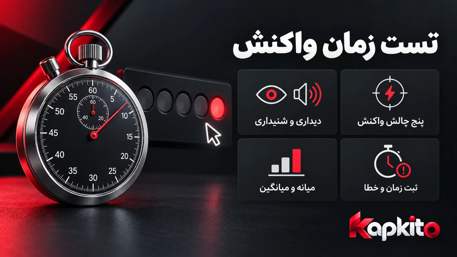 کرنومتر و چراغهای شروع کنار معرفی قابلیتهای تست زمان واکنش کپکیتو؛ چالشهای دیداری و شنیداری و ثبت زمان و خطا.