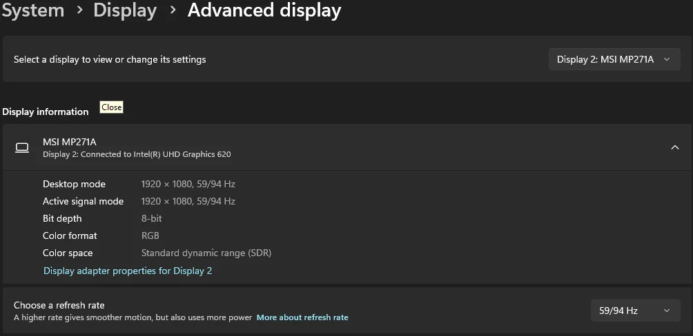 نمایش نرخ نوسازی انتخابشده مانیتور در تنظیمات Advanced display ویندوز ۱۱