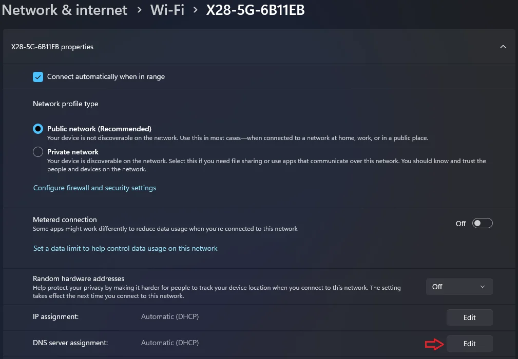 گزینه DNS server assignment در تنظیمات اتصال ویندوز ۱۱