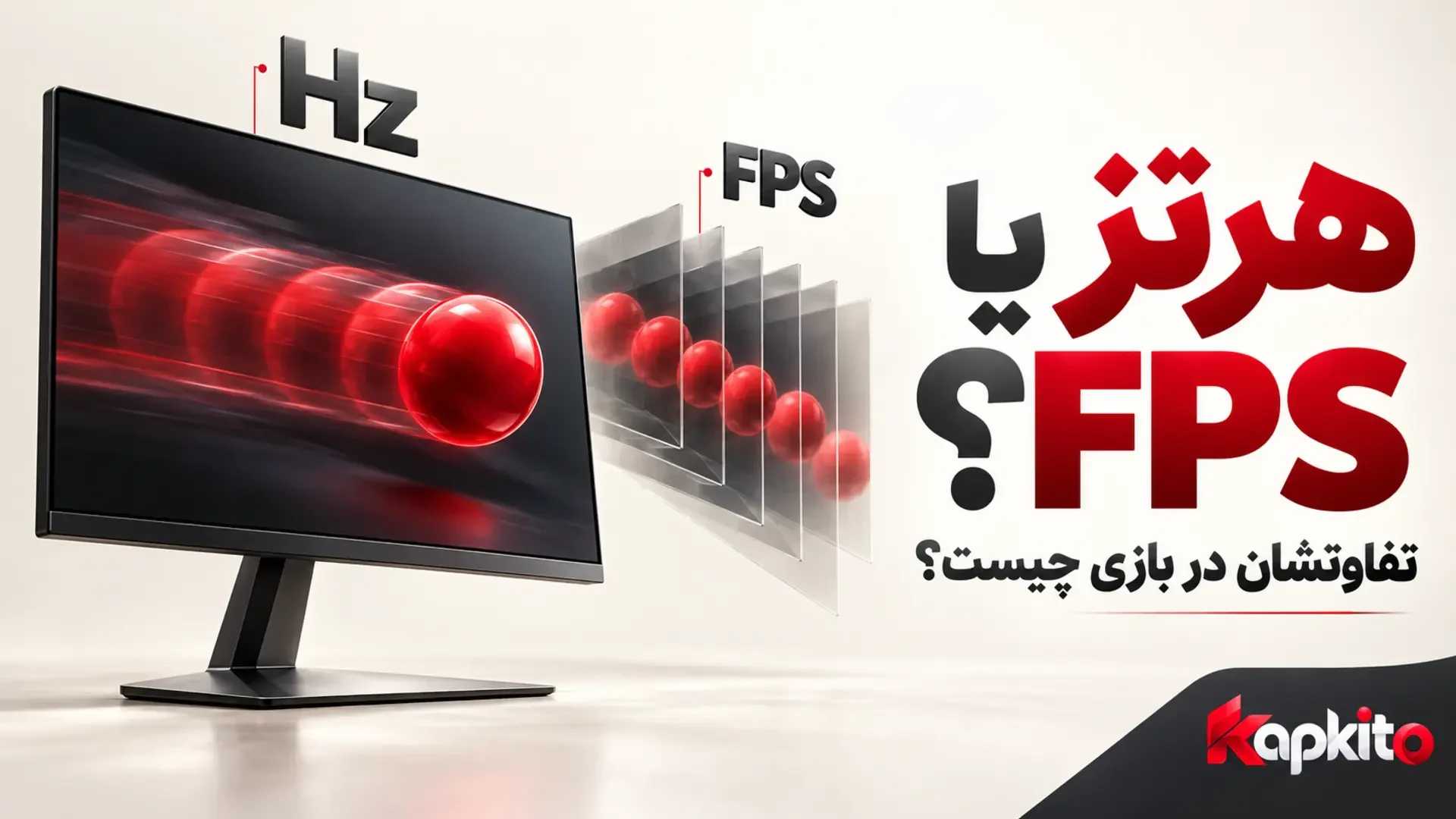 نمایش مفهومی تفاوت نرخ نوسازی مانیتور و فریمهای تولیدشده بازی با نمادهای Hz و FPS